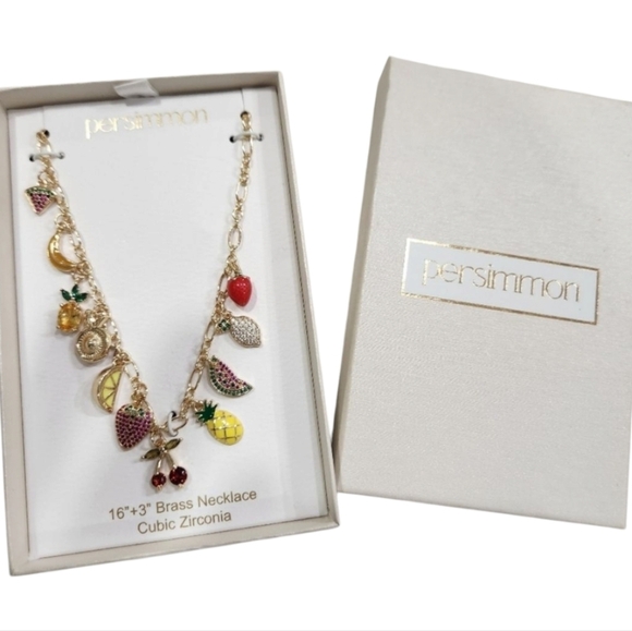🍒🔹️ Persimmon🔹️ Gold Tone Charm 16" Necklace with Colorful Fruit Accents - Picture 2 of 7